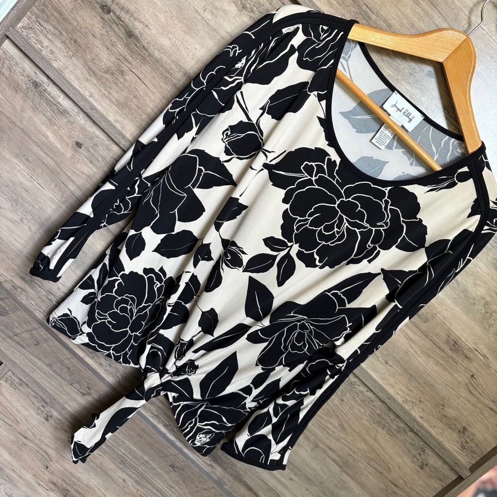 Joseph Ribkoff 12 Black Cream Floral Tie Front Blouse Cutout Sleeves Luxury